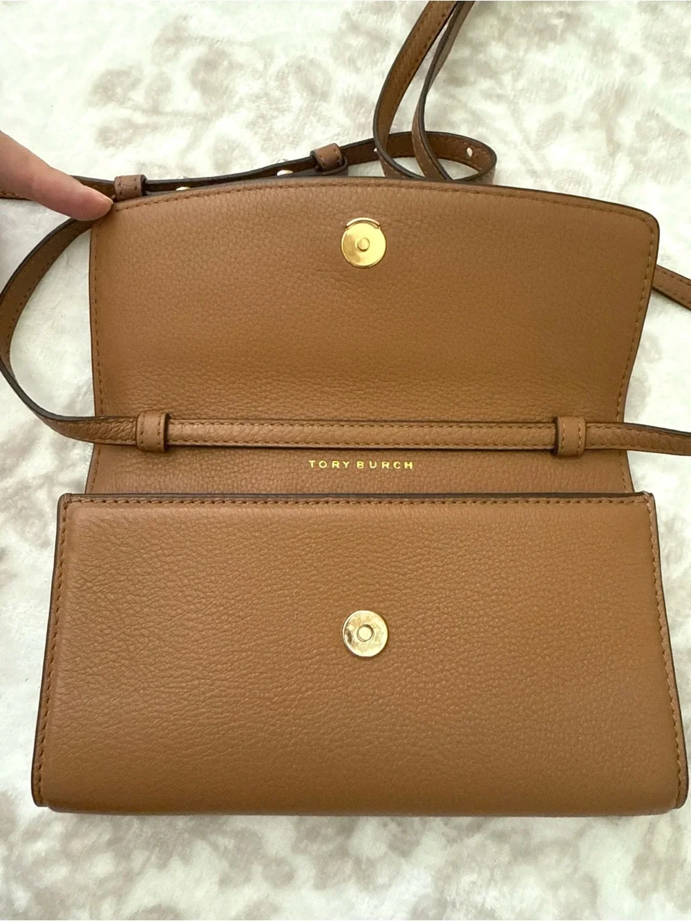 Tory Burch Tan Leather Small Crossbody Bag Wallet with Gold Logo